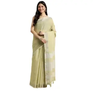 Women's Linen Cotton Printed Saree with Blouse – Olive Green
