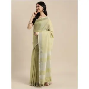 Women's Linen Cotton Printed Saree with Blouse – Olive Green