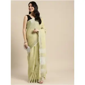 Women's Linen Cotton Printed Saree with Blouse – Olive Green