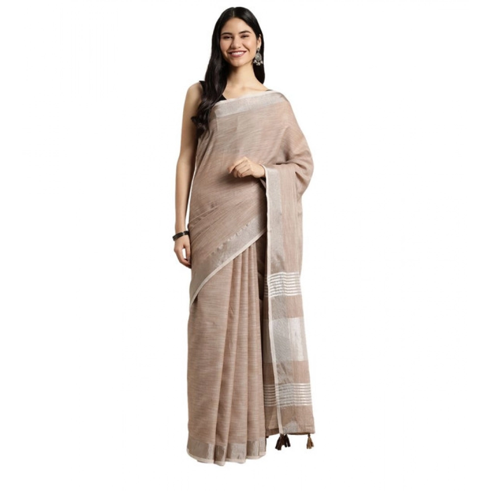 Women's Linen Cotton Printed Saree with Blouse – Beige