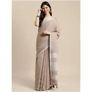 Women's Linen Cotton Printed Saree with Blouse – Beige