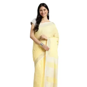Women's Linen Cotton Printed Saree with Blouse – Yellow