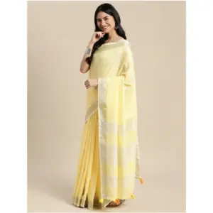Women's Linen Cotton Printed Saree with Blouse – Yellow