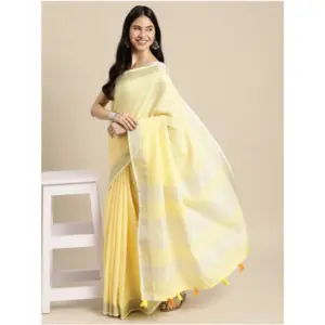 Women's Linen Cotton Printed Saree with Blouse – Yellow