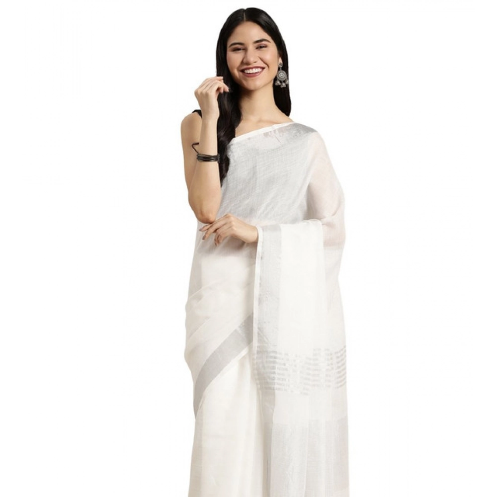 Women's Linen Cotton Printed Saree with Blouse – White