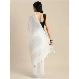 Women's Linen Cotton Printed Saree with Blouse – White