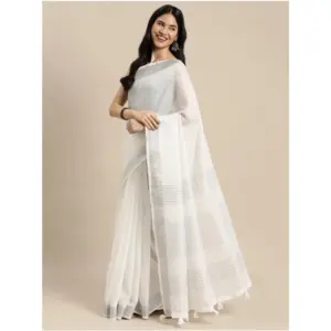 Women's Linen Cotton Printed Saree with Blouse – White