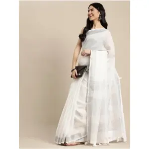 Women's Linen Cotton Printed Saree with Blouse – White