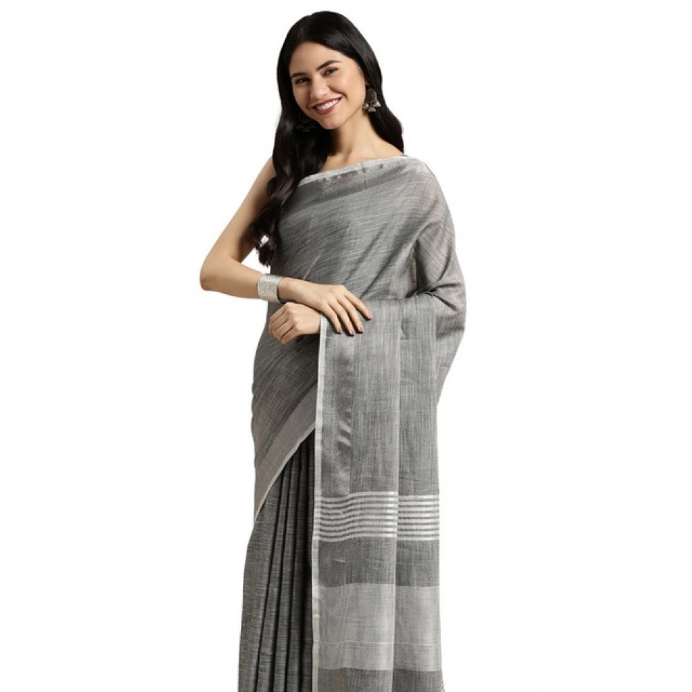 Women's Linen Cotton Printed Saree with Blouse – Dark Grey