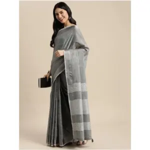 Women's Linen Cotton Printed Saree with Blouse – Dark Grey