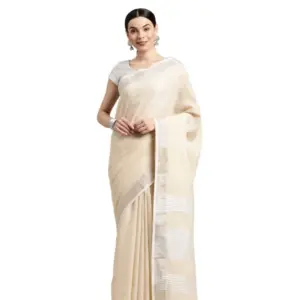 Women's Linen Cotton Printed Saree with Blouse – Cream