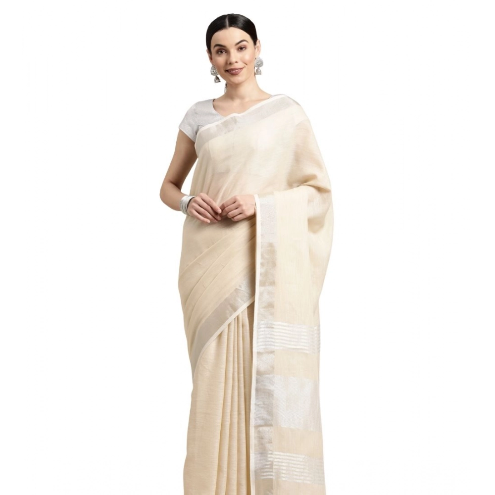 Women's Linen Cotton Printed Saree with Blouse – Cream