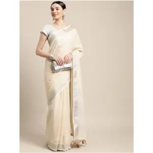 Women's Linen Cotton Printed Saree with Blouse – Cream