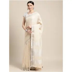 Women's Linen Cotton Printed Saree with Blouse – Cream