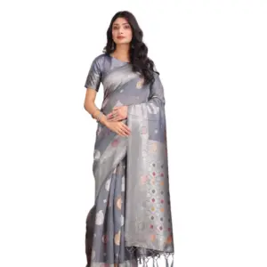 Women's Linen Cotton Printed Saree with Blouse – Grey