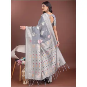 Women's Linen Cotton Printed Saree with Blouse – Grey