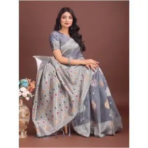 Women's Linen Cotton Printed Saree with Blouse – Grey