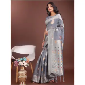 Women's Linen Cotton Printed Saree with Blouse – Grey