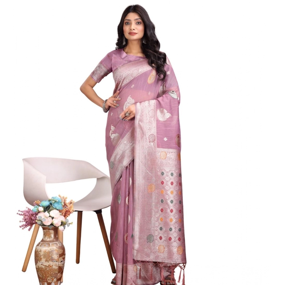Women's Linen Cotton Printed Saree with Blouse – Purple
