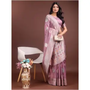 Women's Linen Cotton Printed Saree with Blouse – Purple