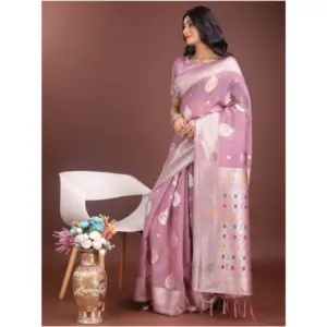 Women's Linen Cotton Printed Saree with Blouse – Purple