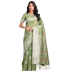 Women's Linen Cotton Printed Saree with Blouse – Light Green