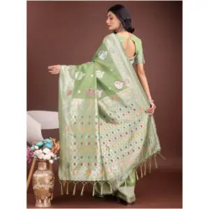 Women's Linen Cotton Printed Saree with Blouse – Light Green