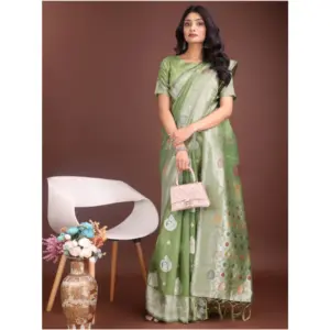 Women's Linen Cotton Printed Saree with Blouse – Light Green