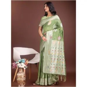 Women's Linen Cotton Printed Saree with Blouse – Light Green
