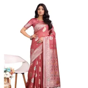 Women's Linen Cotton Printed Saree with Blouse – Pink