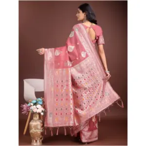 Women's Linen Cotton Printed Saree with Blouse – Pink