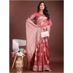 Women's Linen Cotton Printed Saree with Blouse – Pink