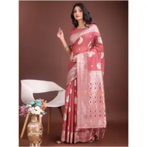 Women's Linen Cotton Printed Saree with Blouse – Pink