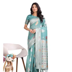 Women's Linen Cotton Printed Saree with Blouse – Sea Green