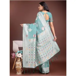 Women's Linen Cotton Printed Saree with Blouse – Sea Green