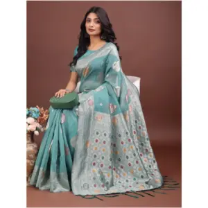 Women's Linen Cotton Printed Saree with Blouse – Sea Green