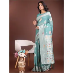 Women's Linen Cotton Printed Saree with Blouse – Sea Green