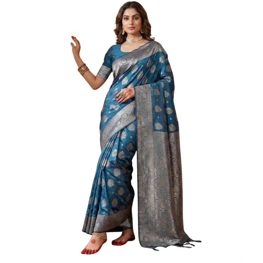 Women's Silk Blend Printed Saree with Blouse – Teal Blue