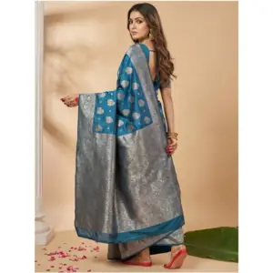 Women's Silk Blend Printed Saree with Blouse – Teal Blue