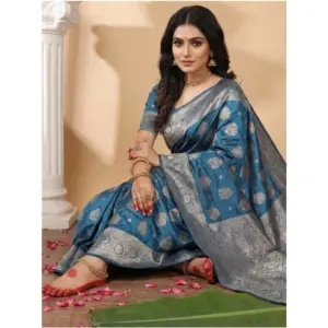 Women's Silk Blend Printed Saree with Blouse – Teal Blue