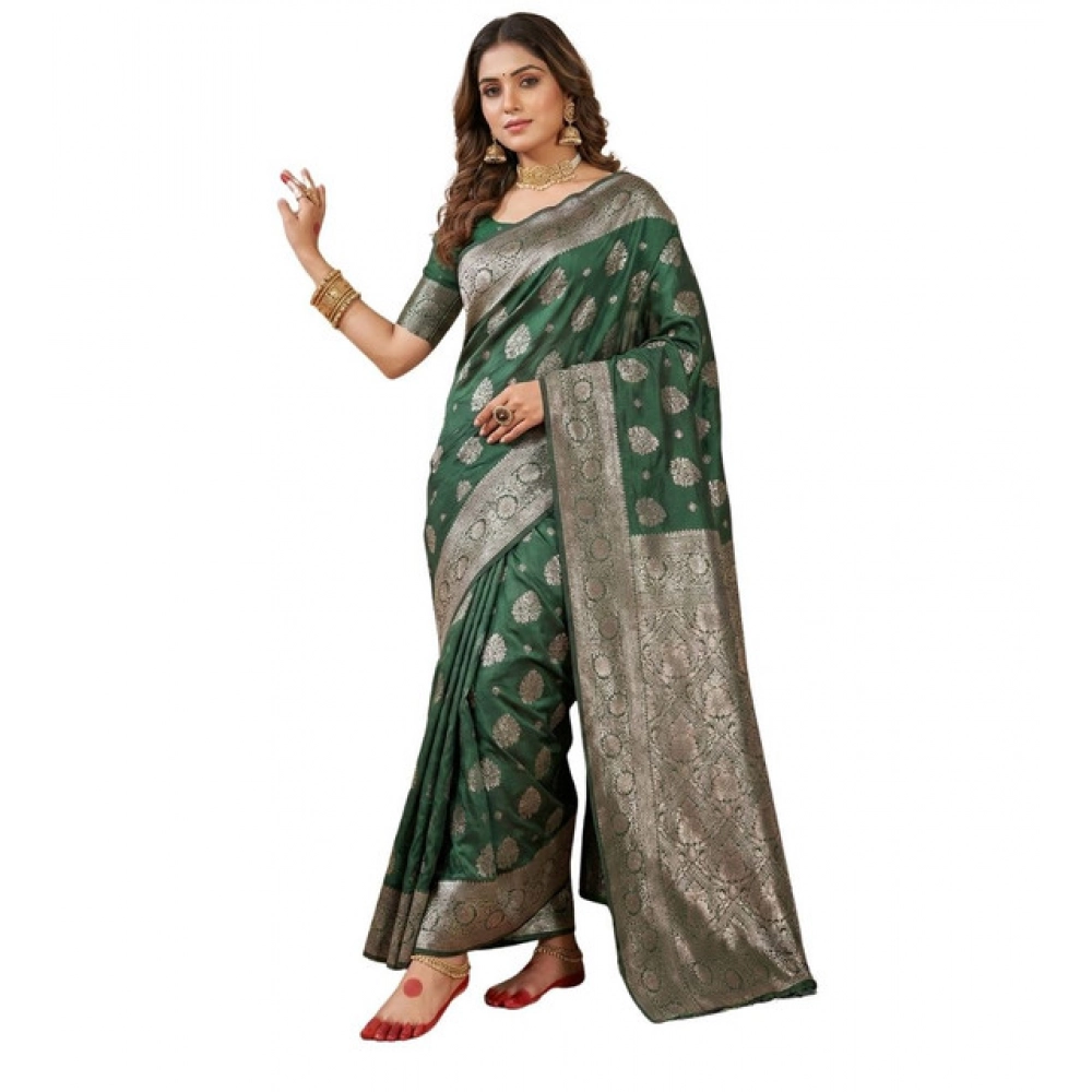 Women's Silk Blend Printed Saree with Blouse – Dark Green