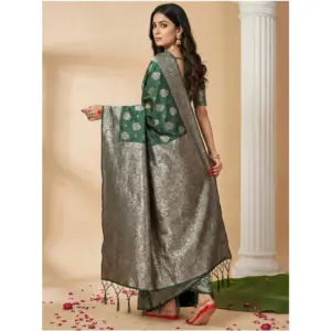 Women's Silk Blend Printed Saree with Blouse – Dark Green