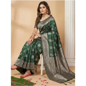 Women's Silk Blend Printed Saree with Blouse – Dark Green