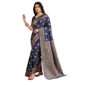 Women's Silk Blend Printed Saree with Blouse – Navy Blue