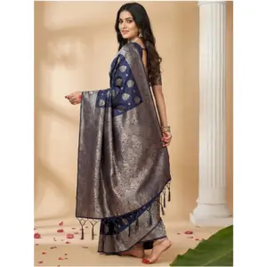 Women's Silk Blend Printed Saree with Blouse – Navy Blue
