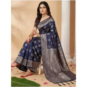 Women's Silk Blend Printed Saree with Blouse – Navy Blue
