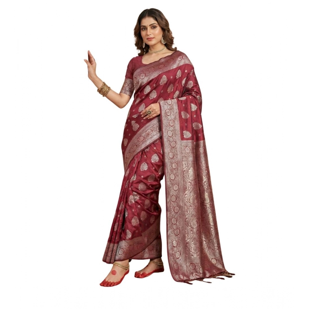 Women's Silk Blend Printed Saree with Blouse – Maroon