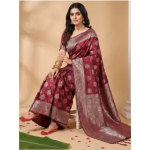 Women's Silk Blend Printed Saree with Blouse – Maroon