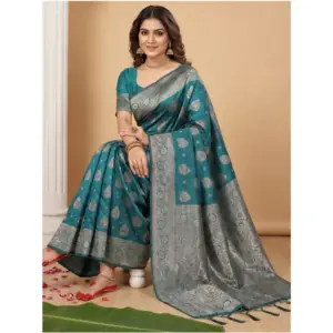 Women's Silk Blend Printed Saree with Blouse – Sea Green