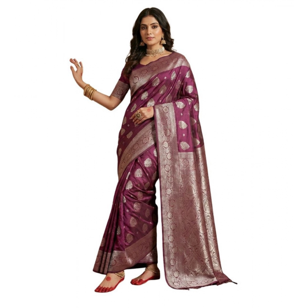 Women's Silk Blend Printed Saree with Blouse – Purple